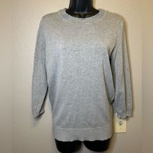 Max Studio Gray Knit Top Ruffled Edges Crew Neck Conservative Sweater Sz M